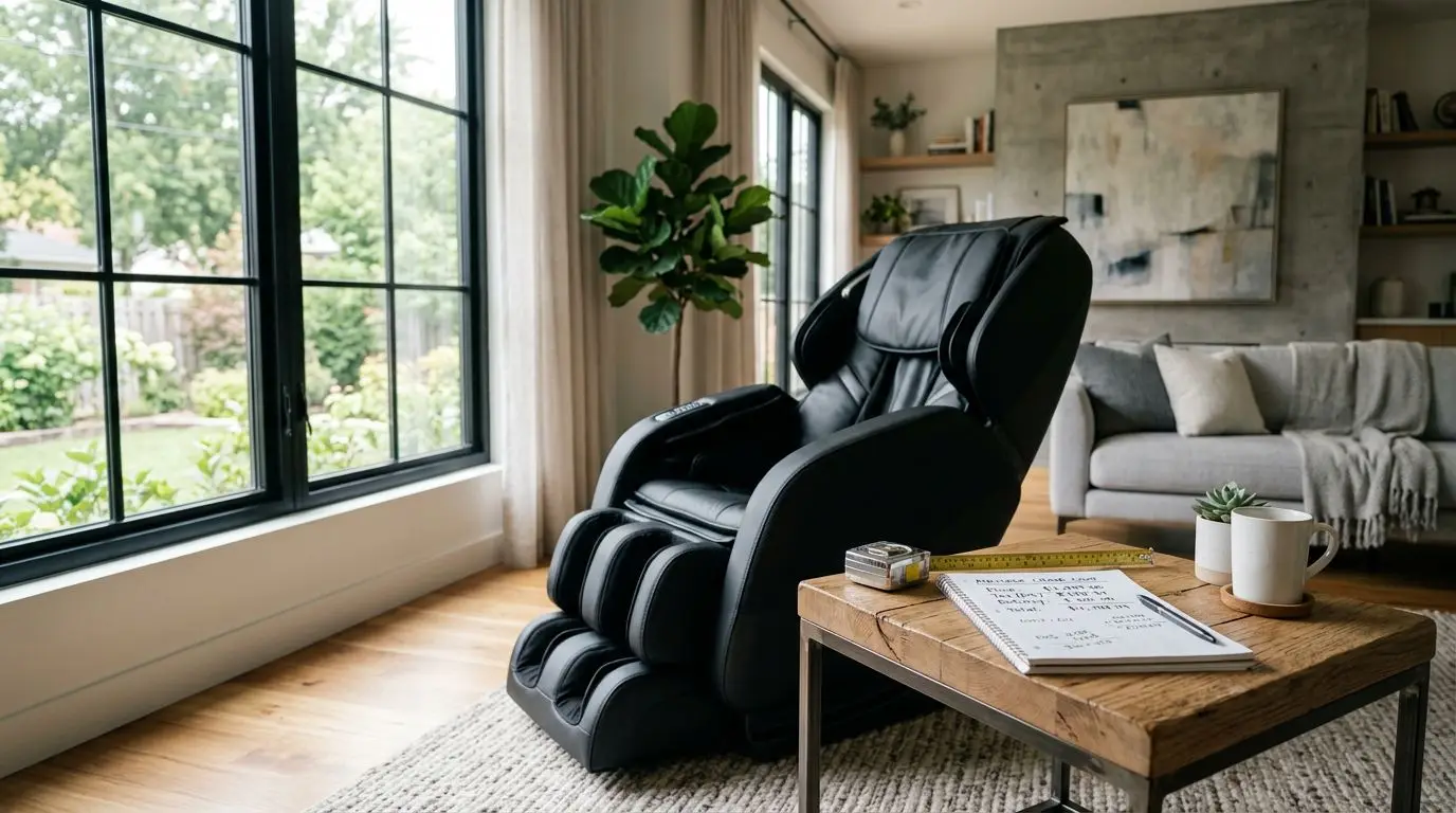 Generic massage chair in a living room with a tape measure and break-even cost notes