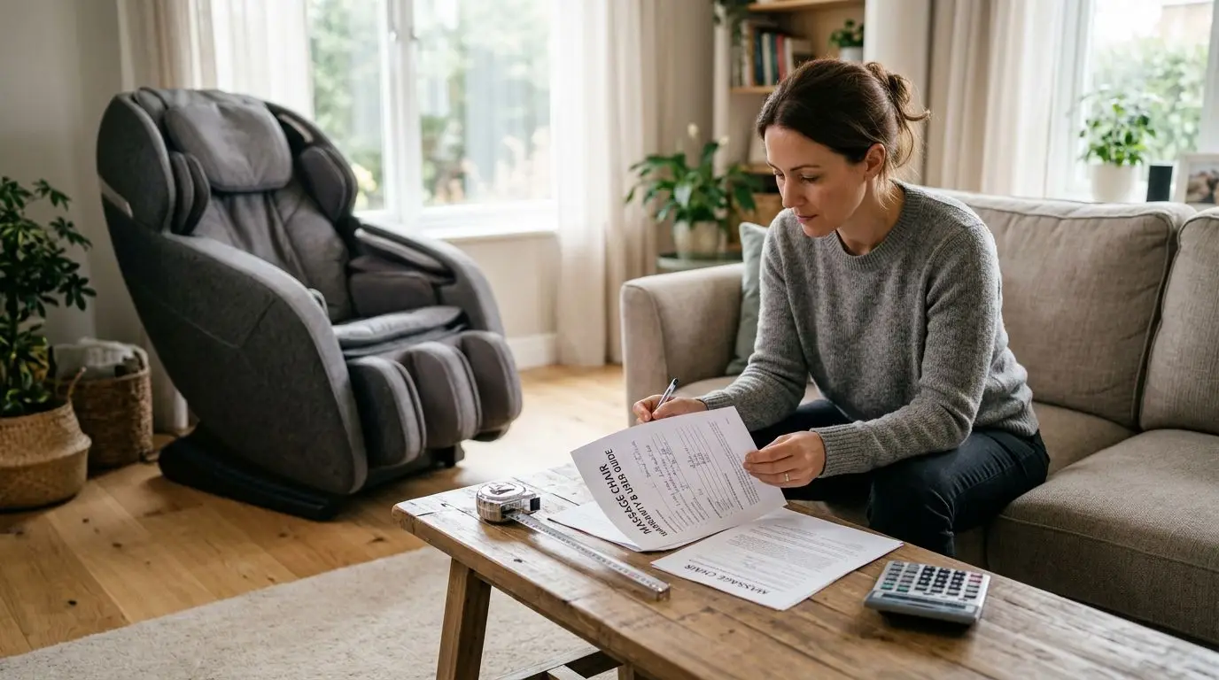 Homeowner comparing massage chair warranty paperwork with a calculator and tape measure