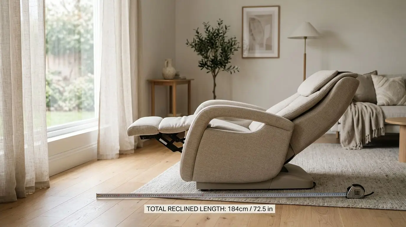 Generic lay-flat massage chair reclined in a living room with floor clearance being measured