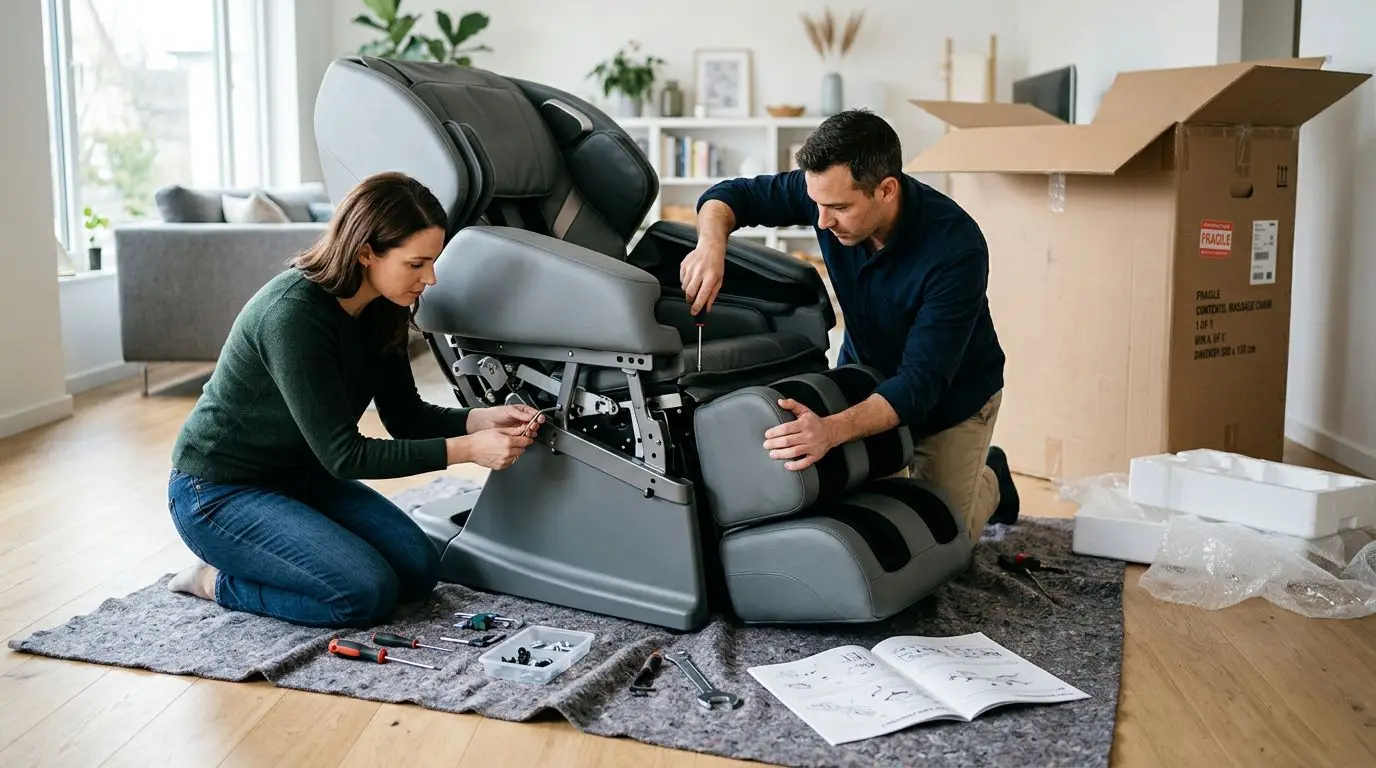 Two people assembling a massage chair in a living room with tools and moving blankets