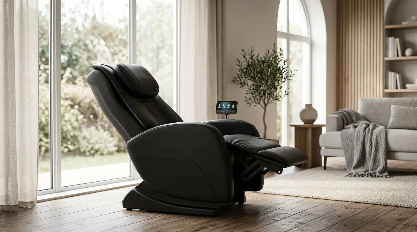 Generic massage chair in a living room with preset program controls
