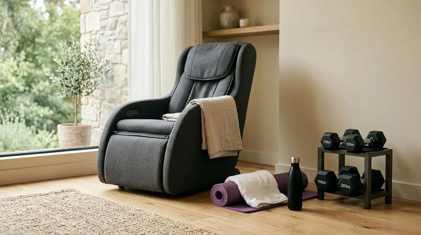 Generic massage chair in a home gym next to workout gear
