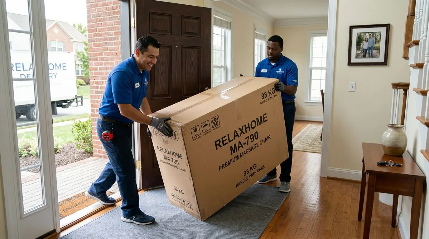 Delivery workers moving a boxed massage chair through a home entryway with floor protection and measuring tape