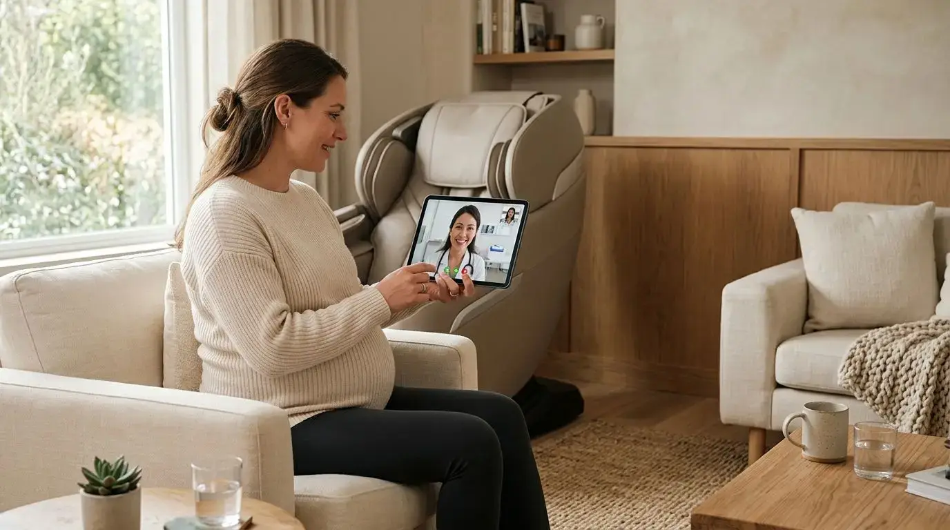 Pregnant woman reviewing massage chair safety with a healthcare provider on a tablet