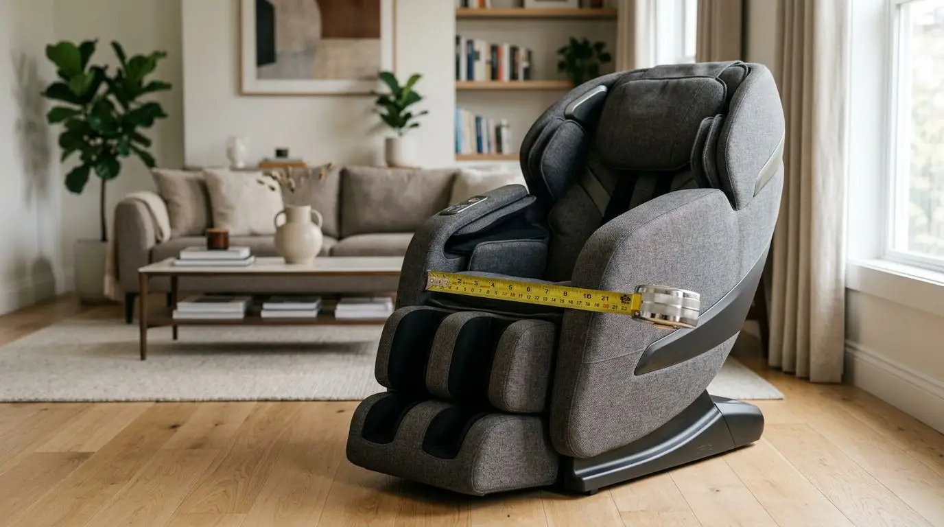 Generic massage chair with a measuring tape showing fit dimensions for home use