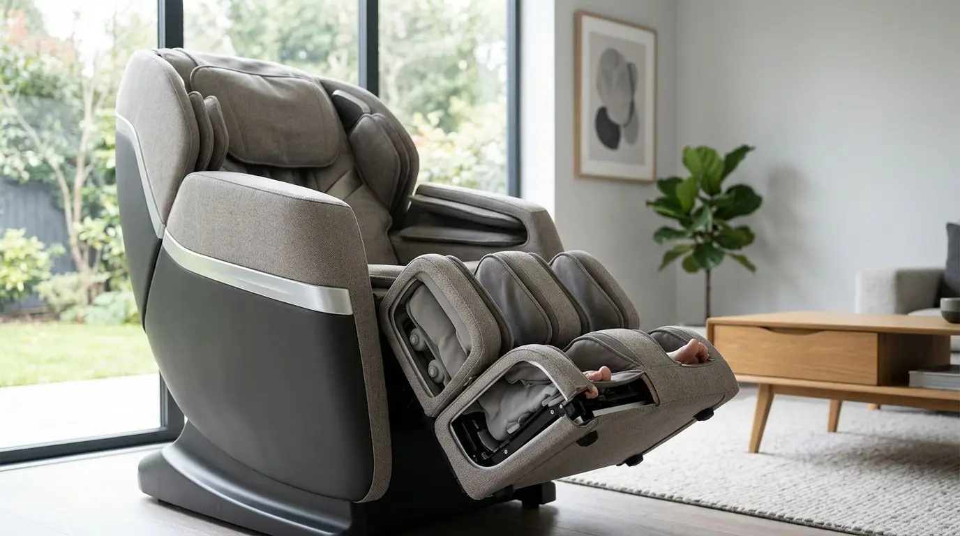 Generic massage chair with extended footrest showing footwell fit and adjustability