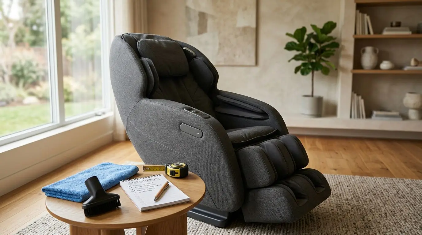 Massage chair maintenance supplies next to a clean chair
