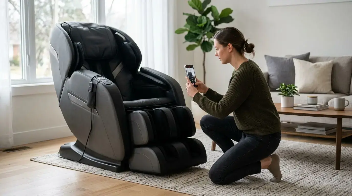 Owner troubleshooting noise from a generic massage chair in a living room