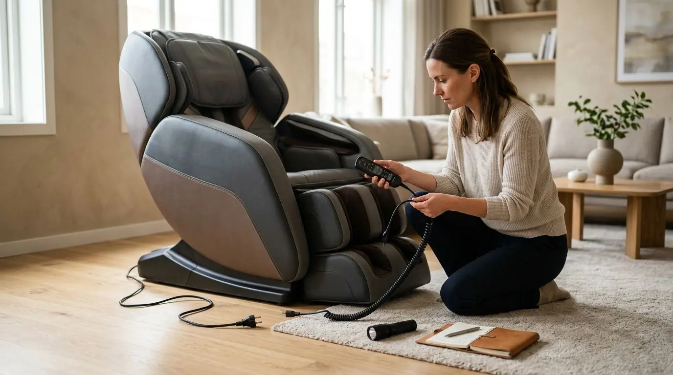 Person troubleshooting a generic massage chair power cord and remote in a living room