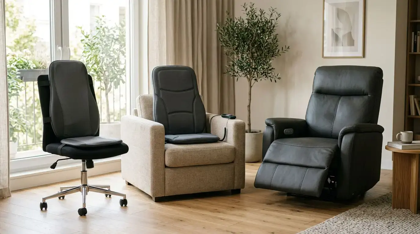 Massage chair pad, cushion, and full-size chair compared in a living room