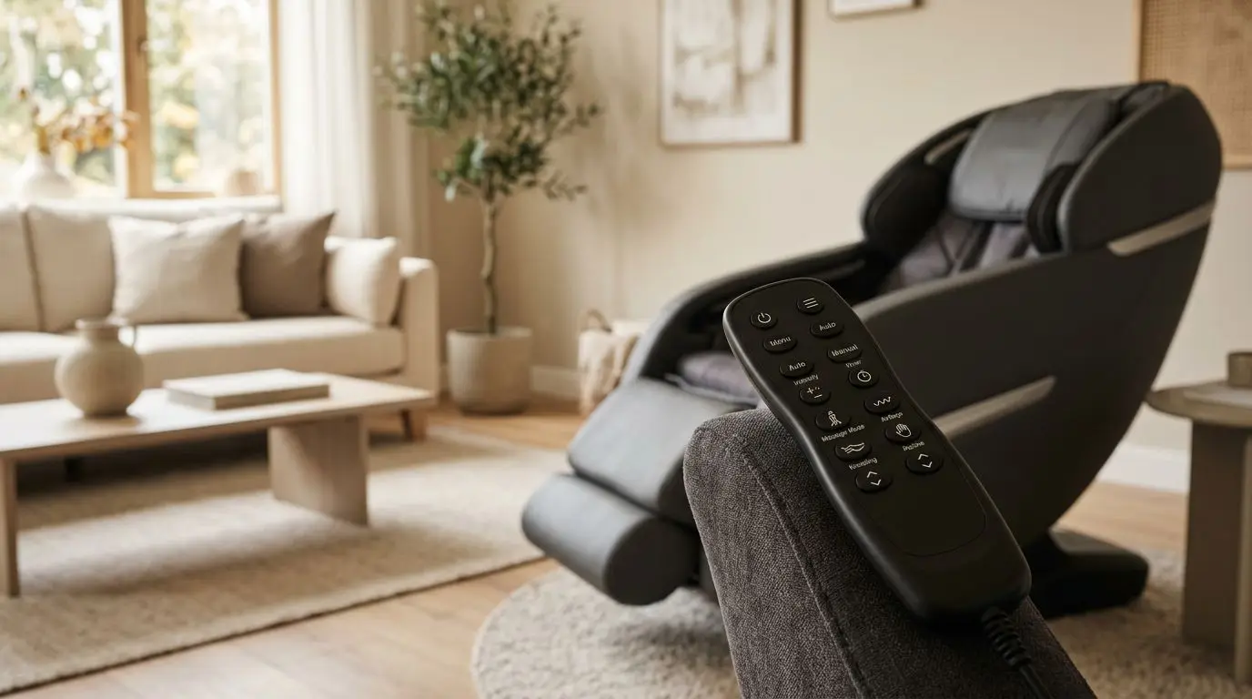 Generic massage chair with a remote showing program settings