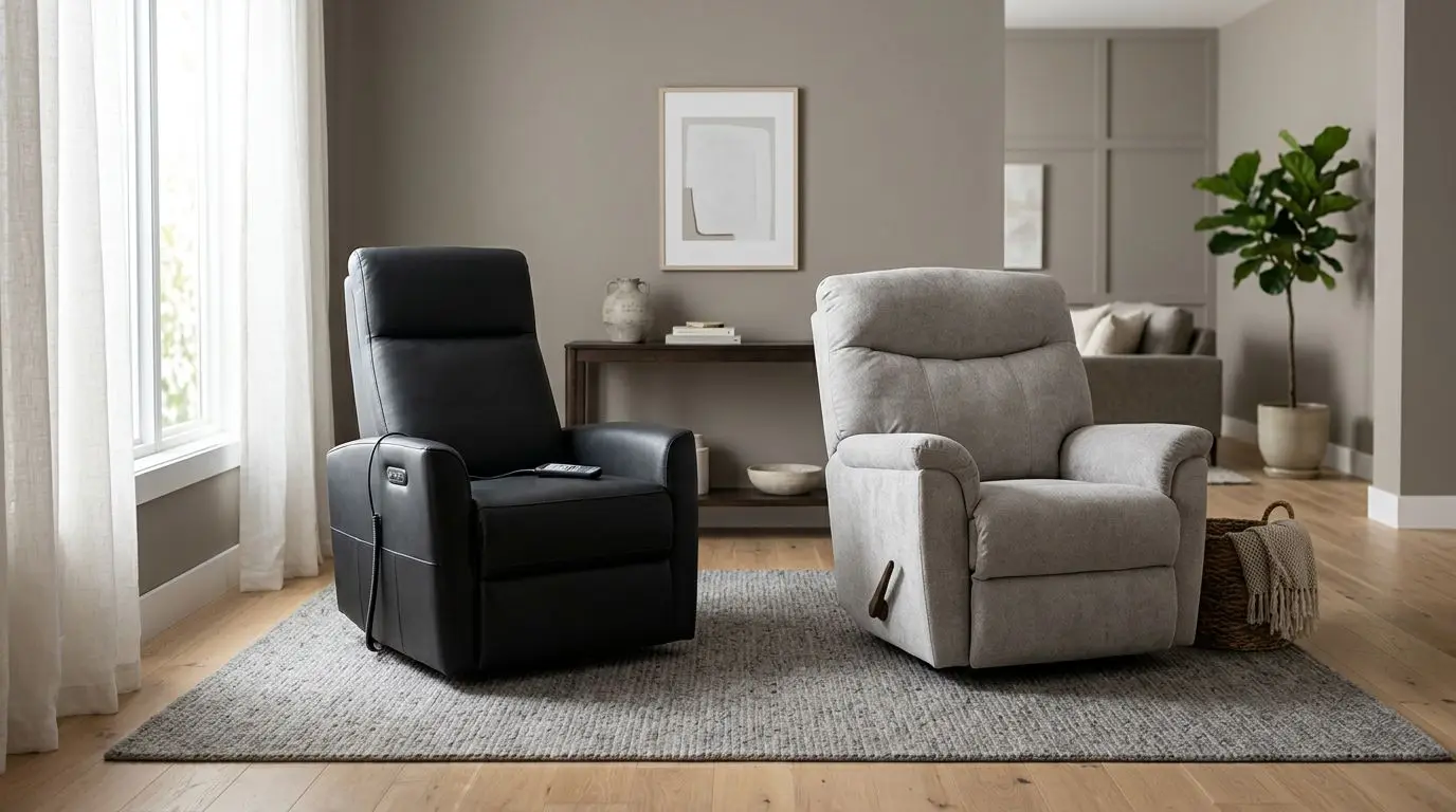 Massage chair recliner beside a standard recliner in a modern living room