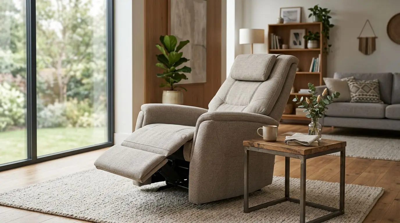 Neutral massage chair recliner in a modern living room with the footrest extended