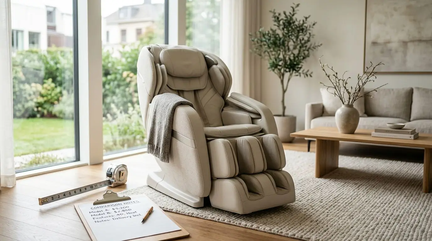 Massage chair in a living room with measuring tape and cost comparison notes