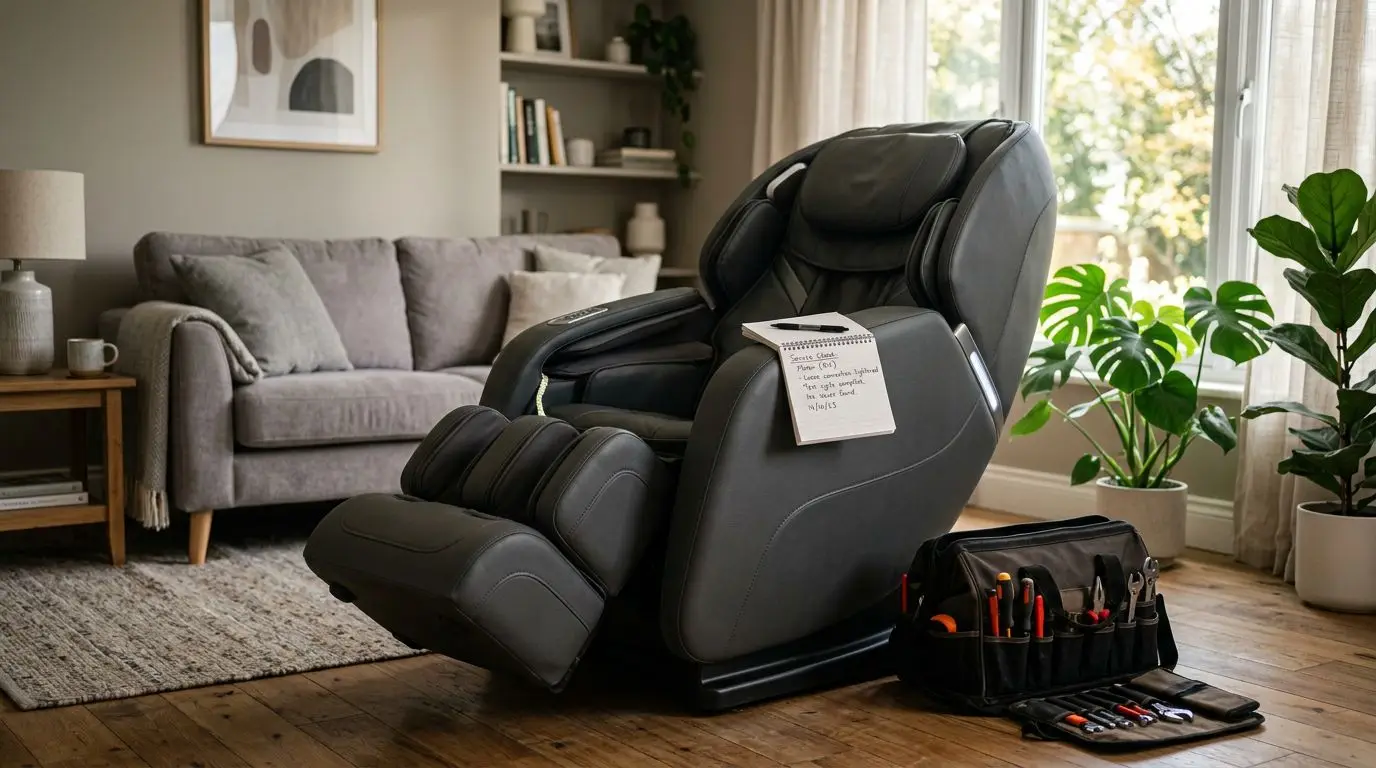 Generic massage chair in a living room with repair notes and tools nearby