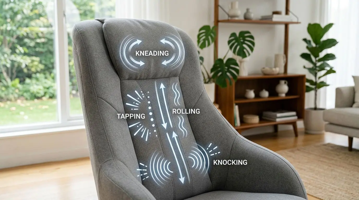 Unbranded massage chair showing common roller technique motions
