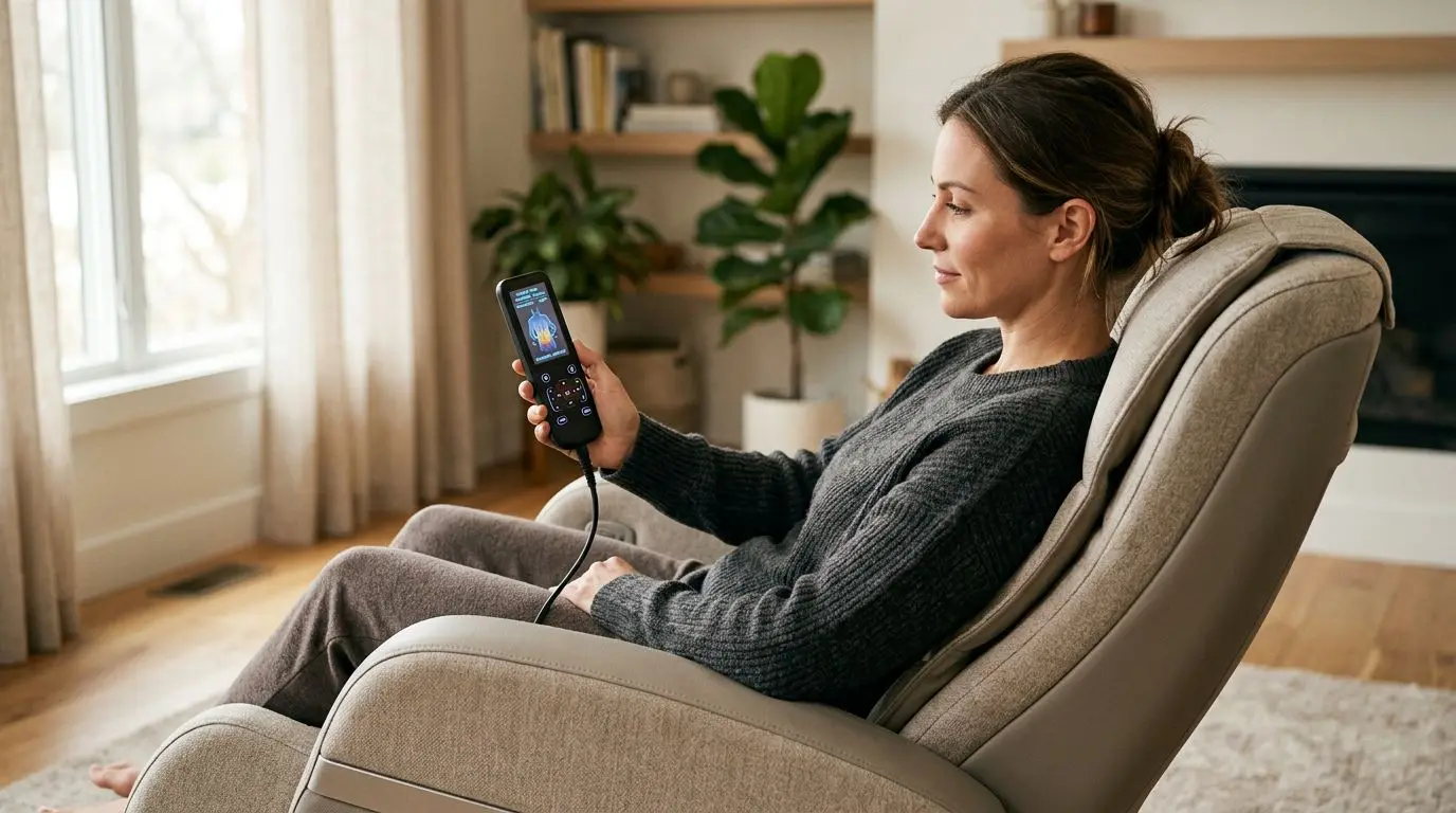 Person adjusting a generic massage chair remote for a gentle lower back routine