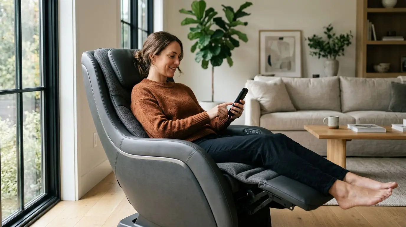 Person adjusting a massage chair for a gentle neck and shoulder routine