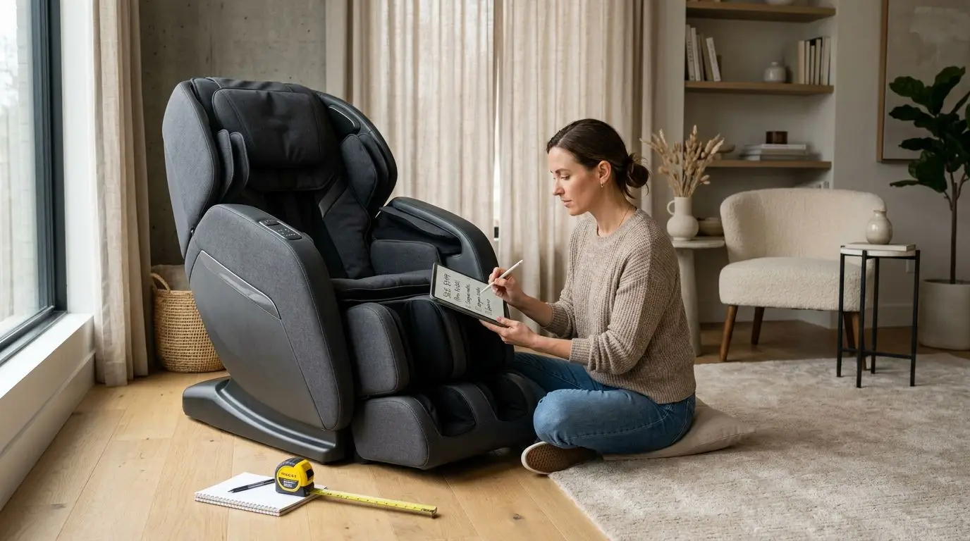 Shopper comparing massage chair sale prices and measurements at home