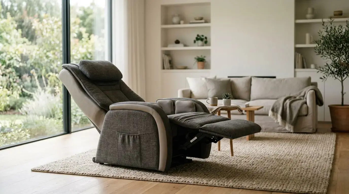 Generic massage chair reclined in a living room for a stretch program
