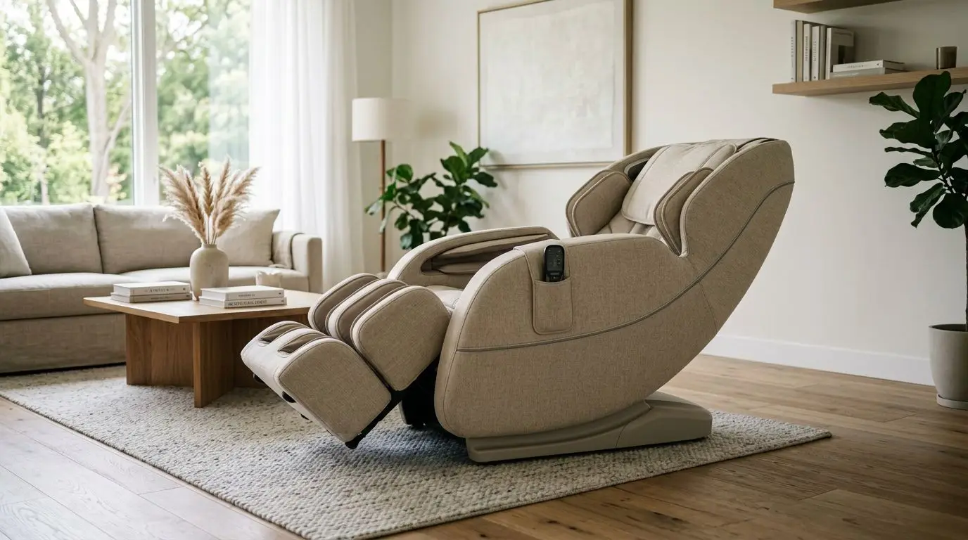 Generic massage chair reclined during a stretch program in a modern living room