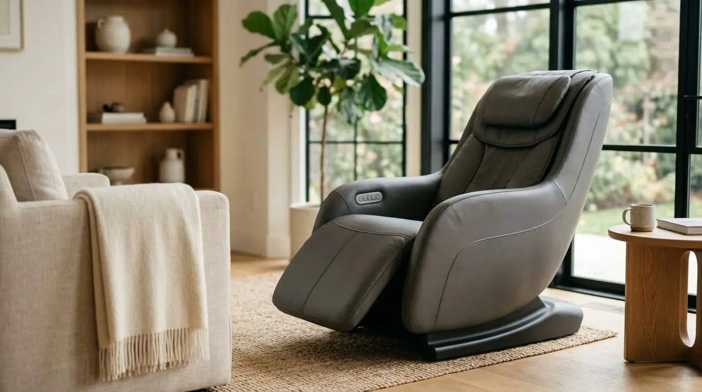 Neutral massage chair in a calm living room for neck and shoulder relaxation