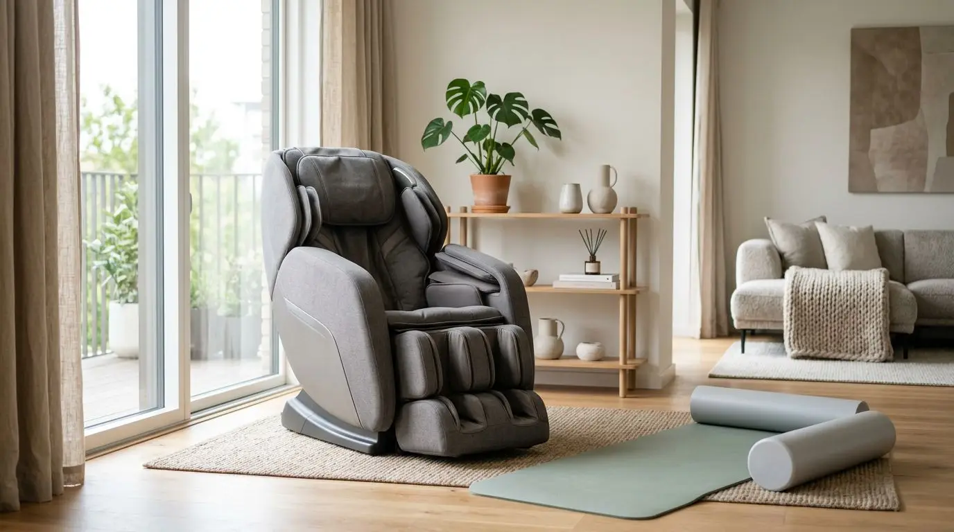A massage chair next to a foam roller in a modern living room