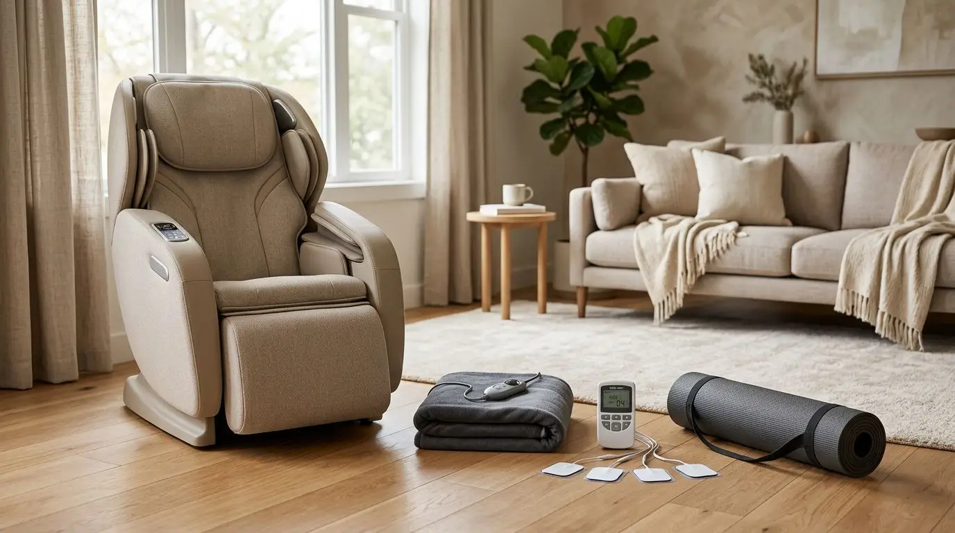 Massage chair, heating pad, TENS unit, and stretching mat shown as at-home wellness options