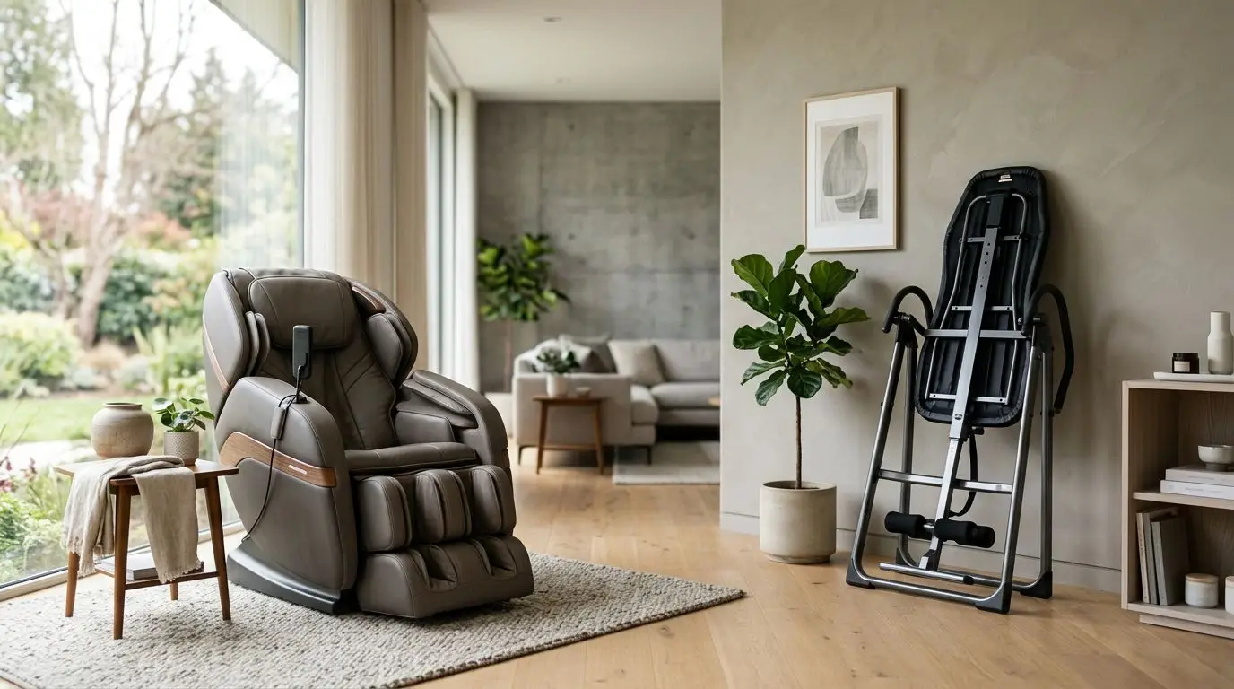 Massage chair and inversion table in a modern living room for back comfort comparison