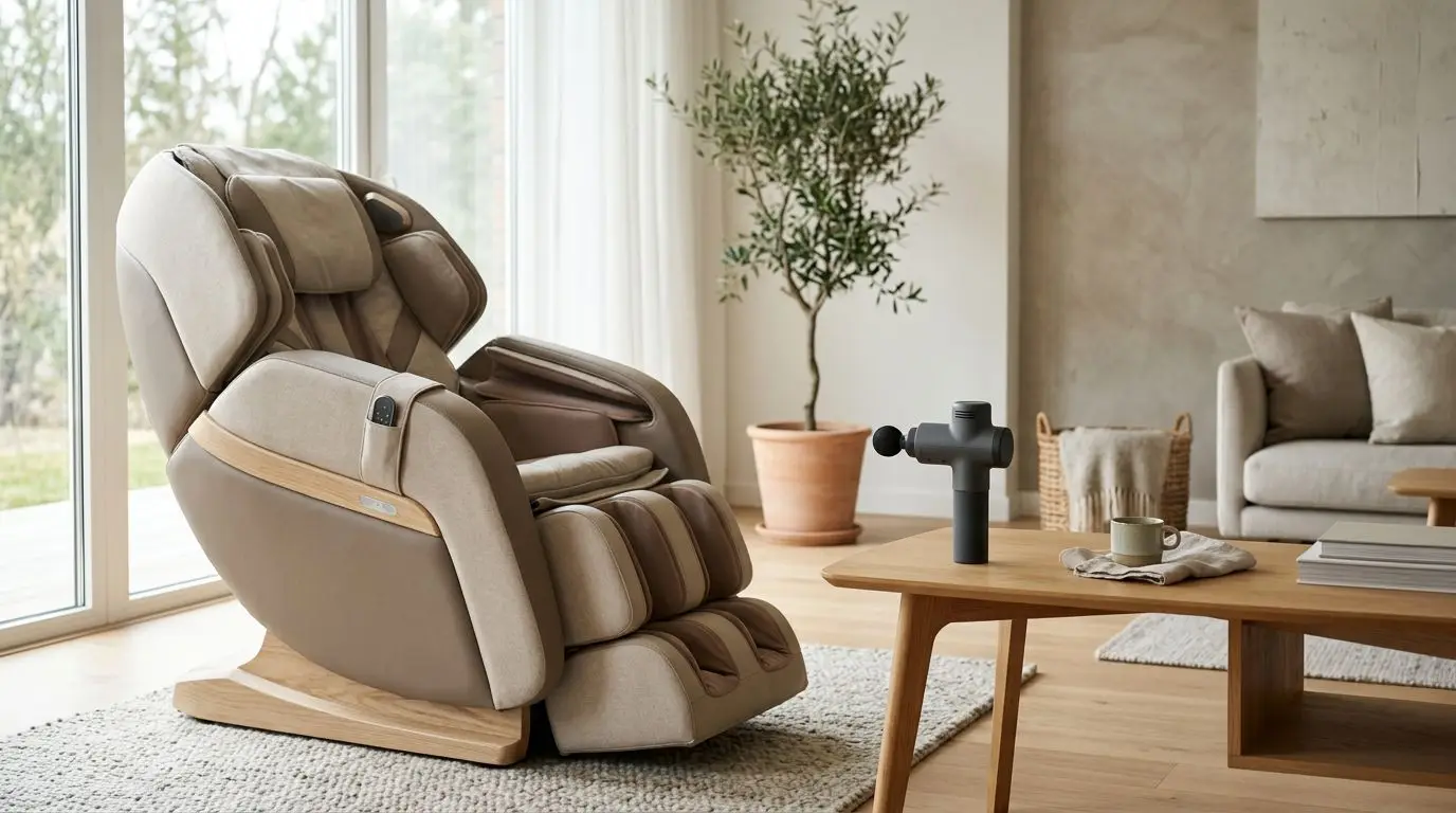 Massage chair and massage gun in a modern living room for at-home wellness comparison