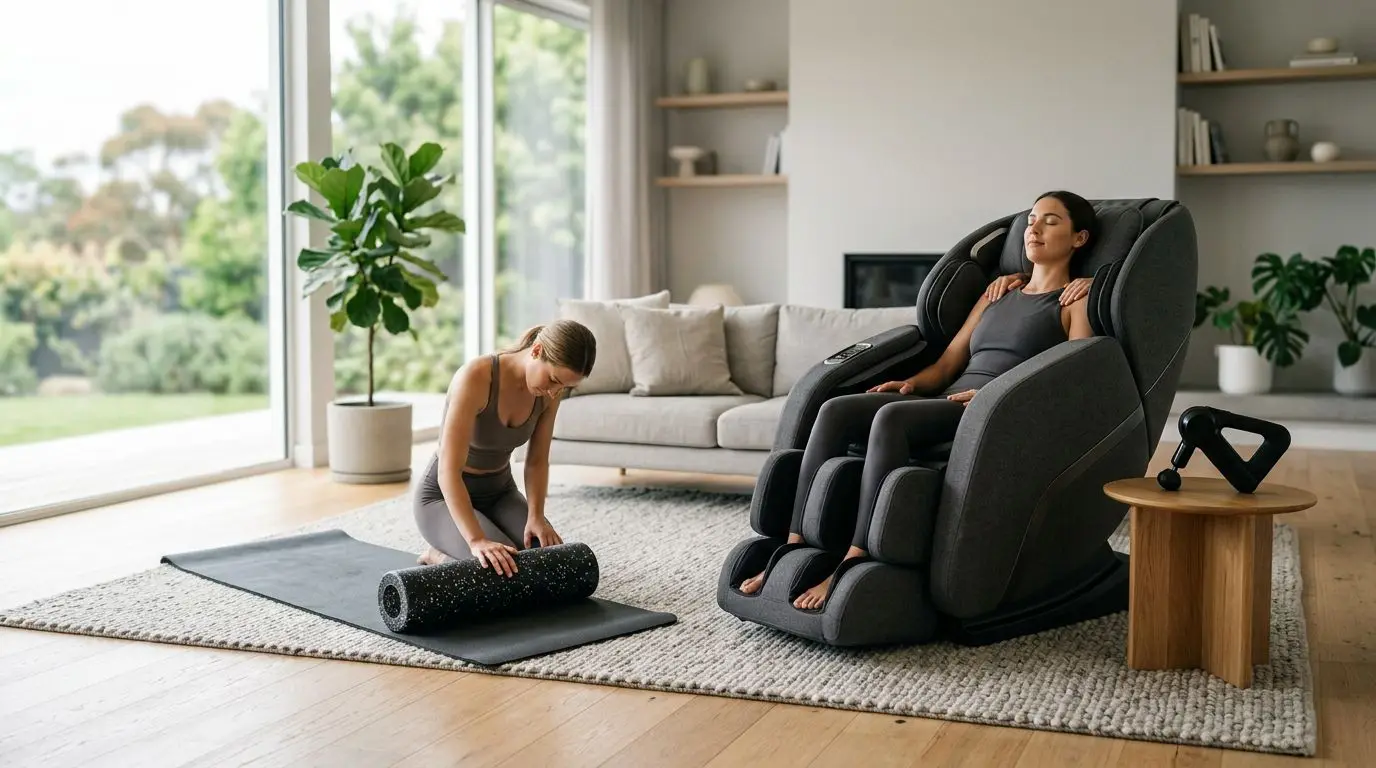 Massage chair, massage gun, foam roller, and stretching mat arranged for a post-workout recovery routine