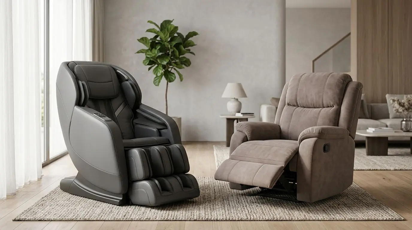 Full-featured massage chair next to a massage recliner in a neutral living room