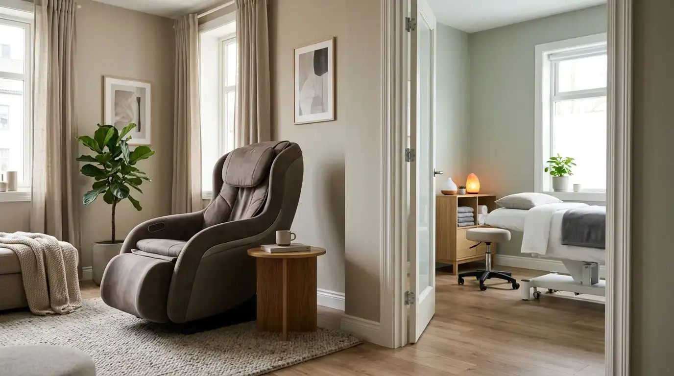 Generic massage chair in a home setting beside a clinical therapy room concept