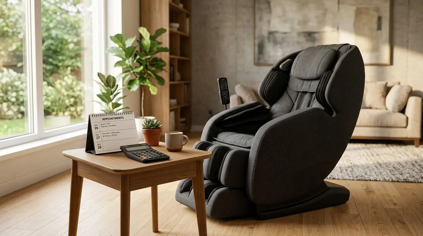 Generic massage chair in a living room with a calendar and calculator for comparing at-home and professional massage costs