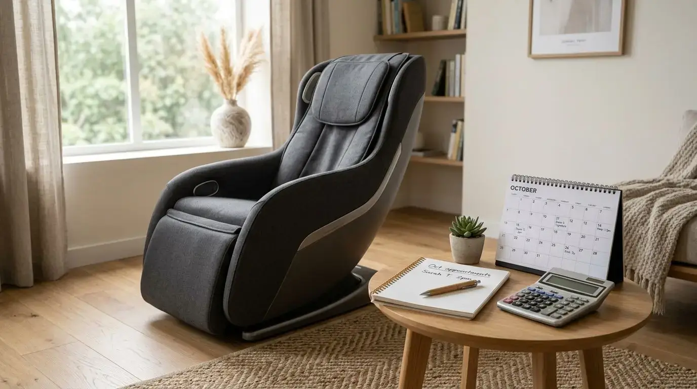 Generic massage chair beside a calculator and appointment calendar for cost comparison