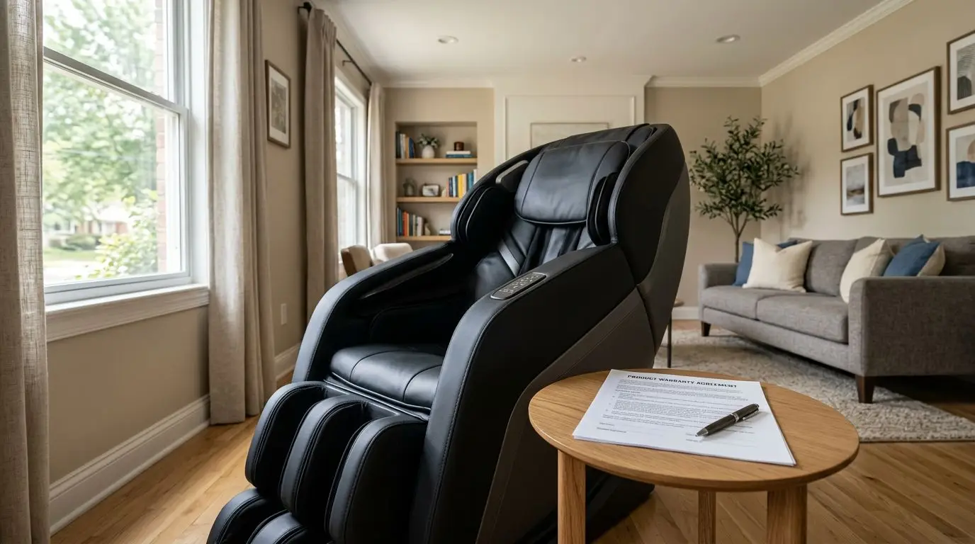 Generic massage chair beside warranty paperwork in a living room