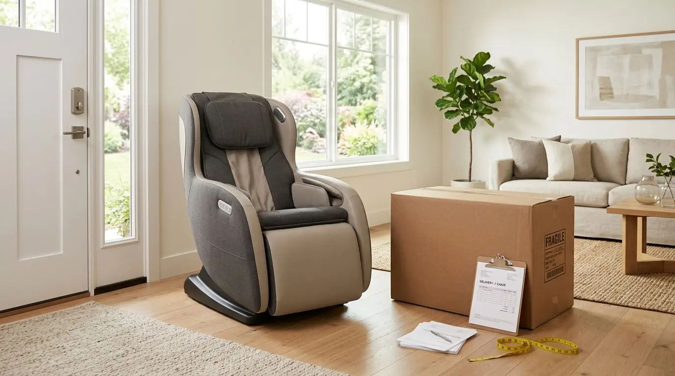 Massage chair with delivery paperwork and measuring tape in a home living room