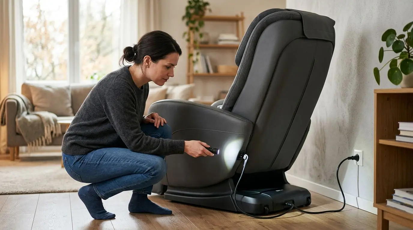 Person checking the power cord on a generic massage chair that will not turn on
