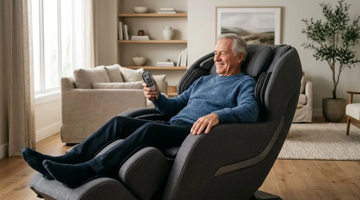 Older adult using a generic massage chair at home with a remote control