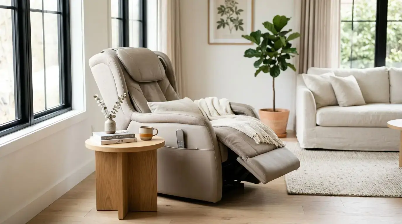 Neutral massage chair in a modern living room for back pain relief