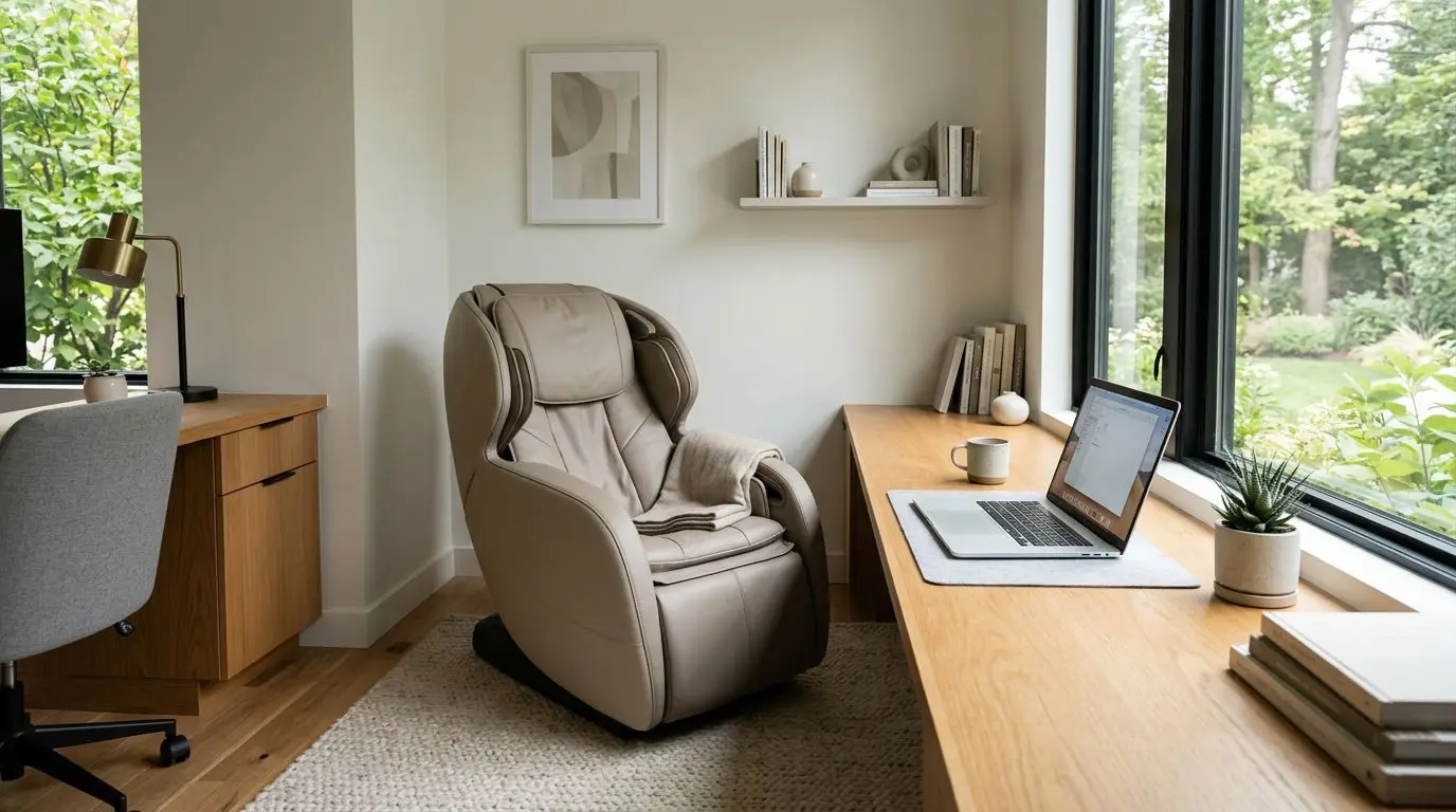 Neutral massage chair placed in a clean modern office corner near a desk