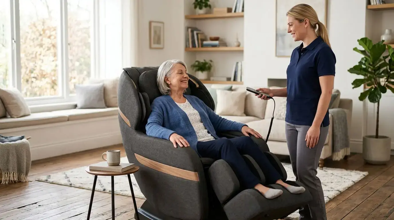 Older adult using a massage chair at home with a caregiver nearby