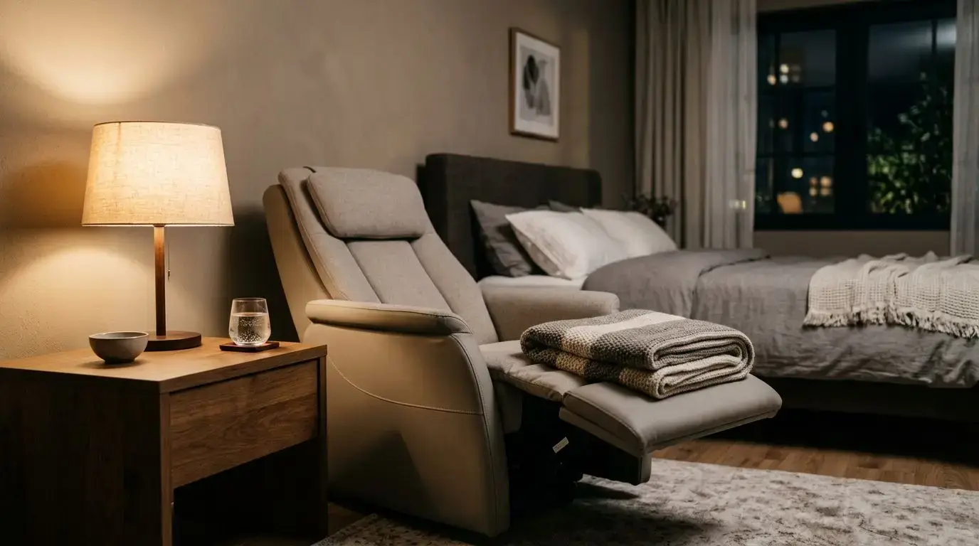 Massage chair in a calm bedroom setting for evening relaxation