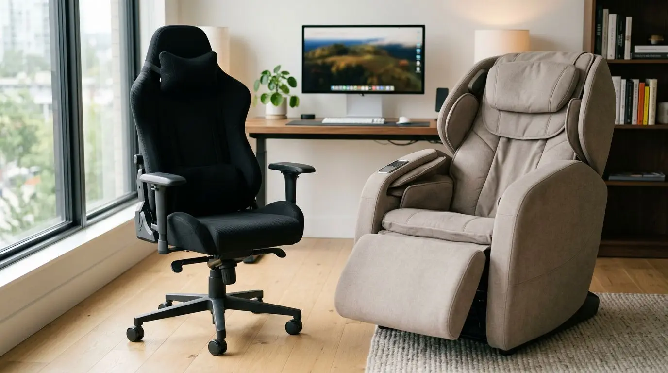 Gaming chair next to a full-size roller-based massage chair in a home office