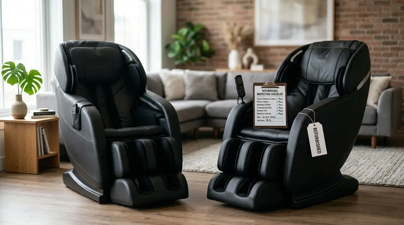 Two generic massage chairs in a living room with a refurbishment inspection checklist