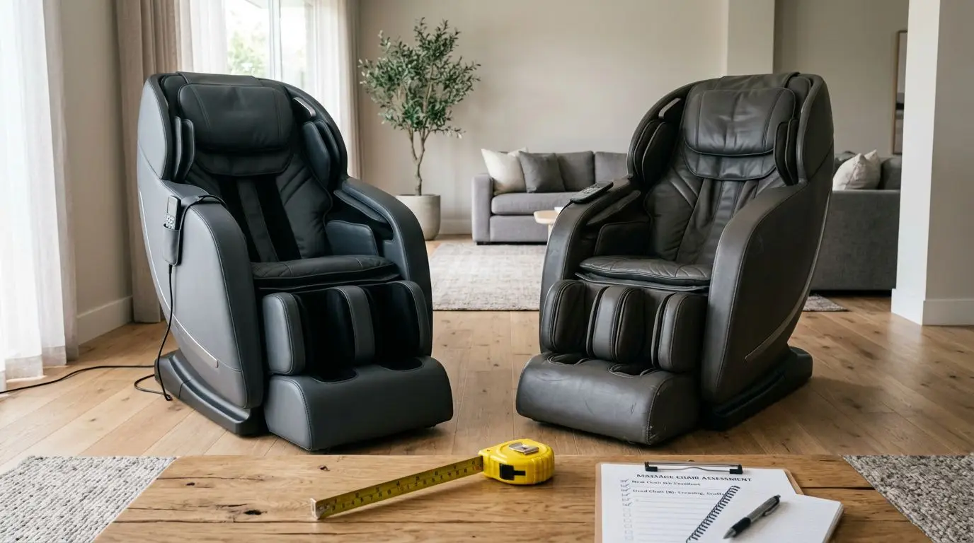 Two generic massage chairs in a living room with a checklist and tape measure for comparing new and used options