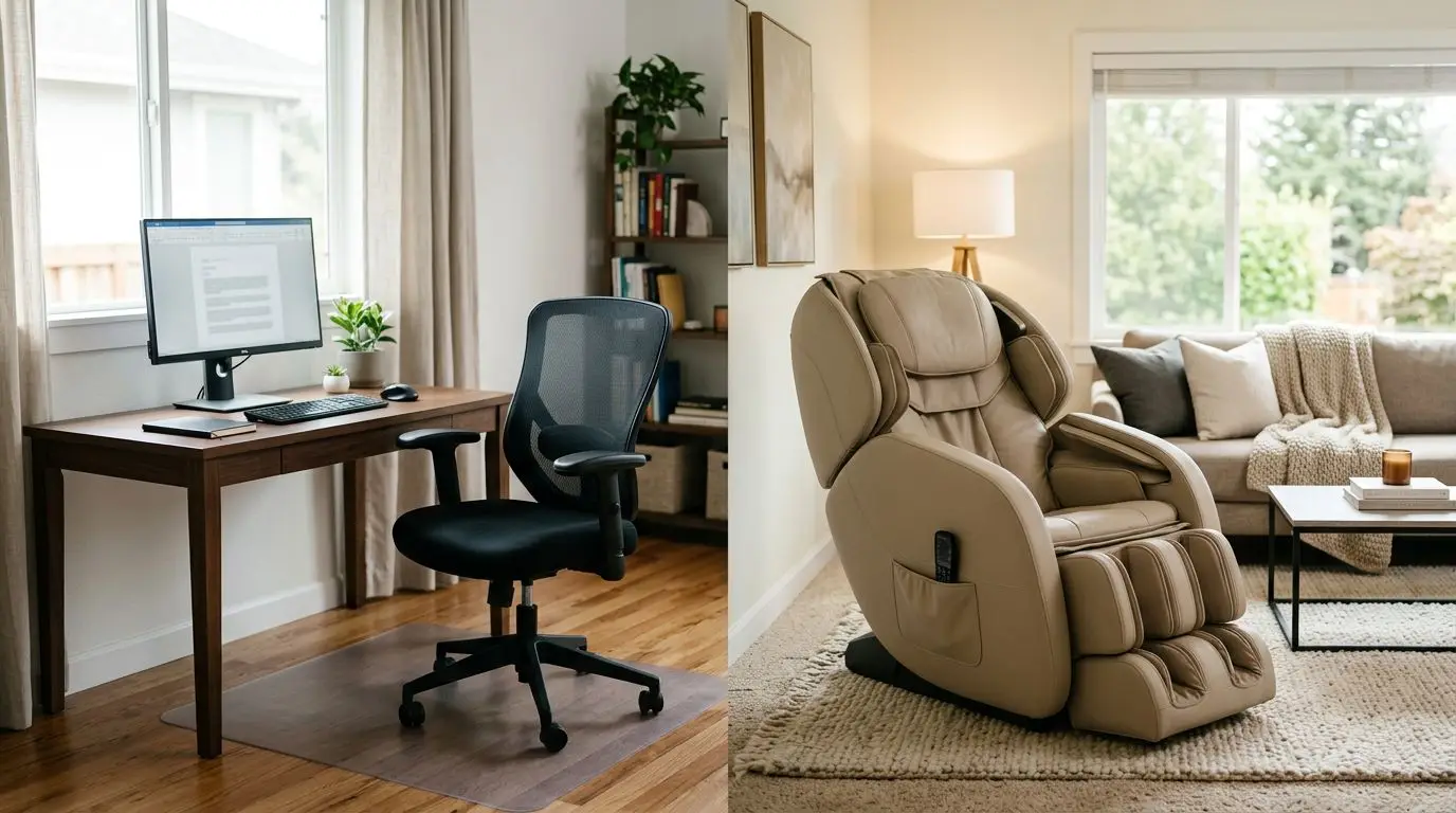Office massage chair beside a desk compared with a full-size home massage chair in a living room