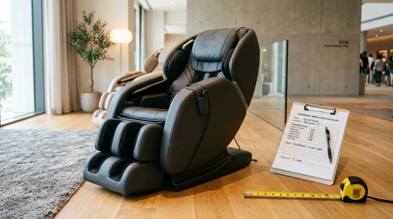 Generic massage chair in a showroom with a checklist and tape measure for inspection