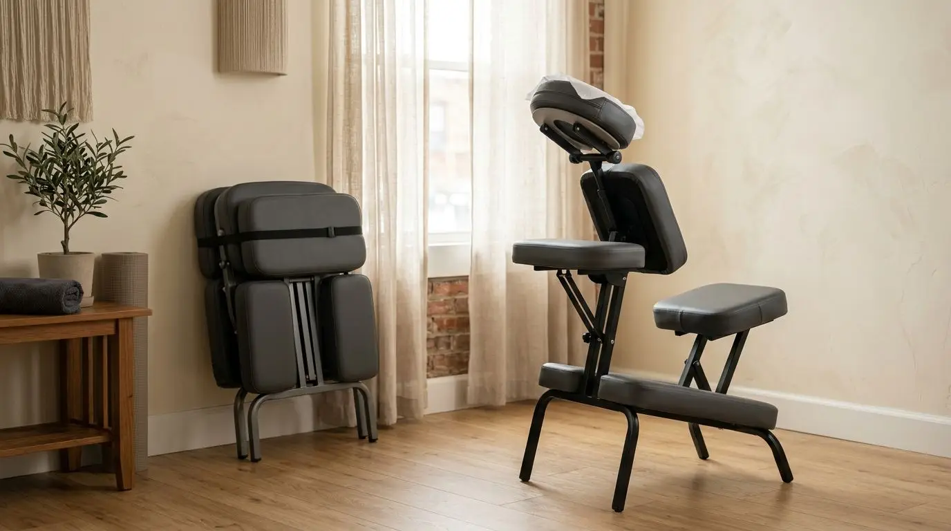 Portable practitioner massage chair with folded frame and face cradle in a professional studio setting