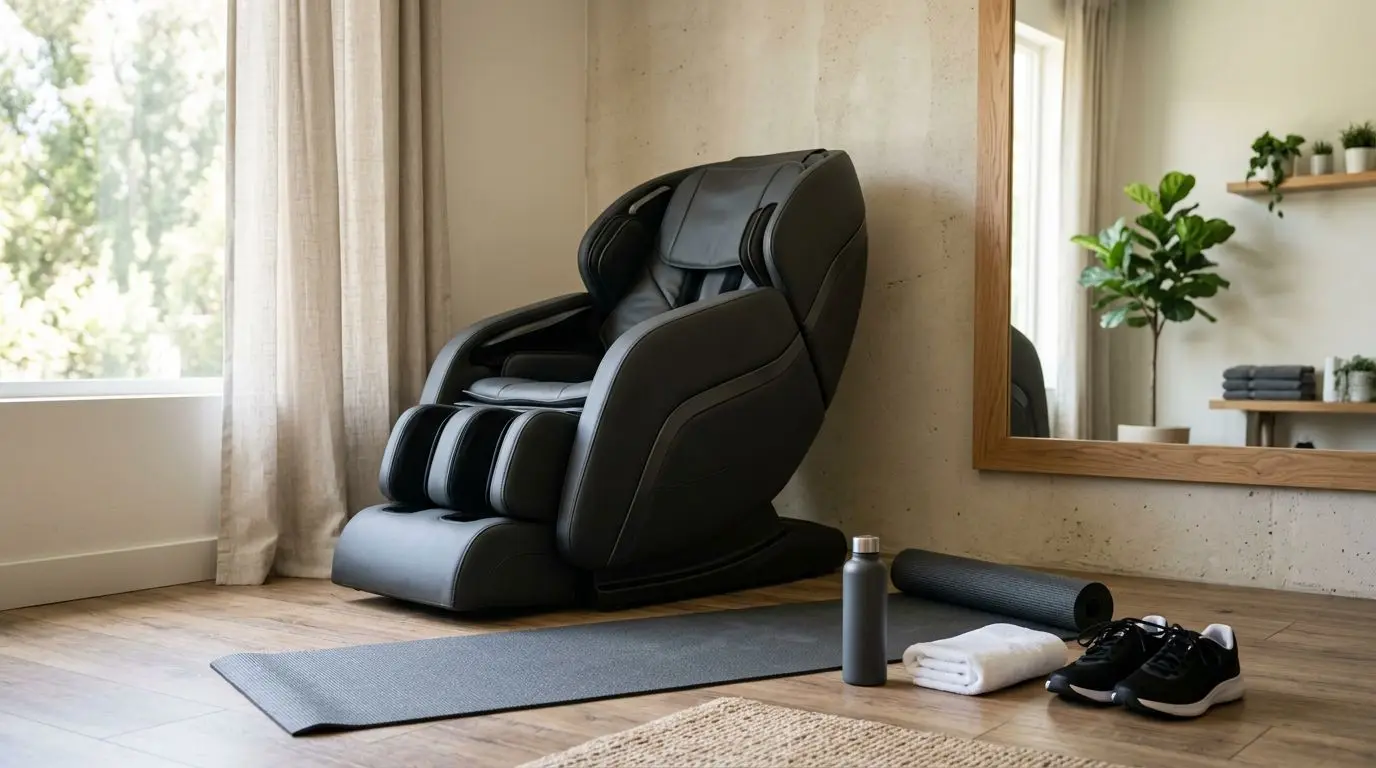 Generic massage chair in a home workout space with a towel, water bottle, and running shoes